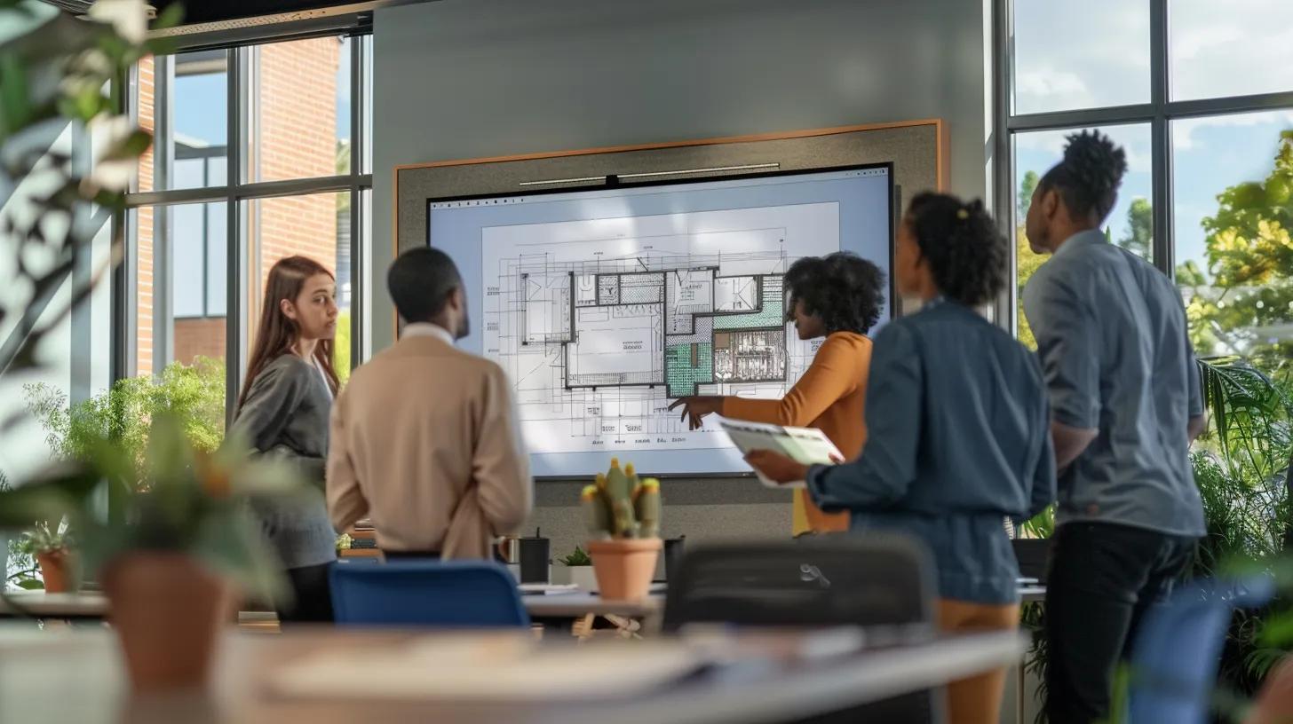 a modern office setting featuring a diverse group of homeowners and design consultants engaged in a dynamic discussion over blueprints and digital designs, with a large screen displaying a 3d rendering of a home renovation project in the background. a modern office setting featuring a diverse group of homeowners and design consultants engaged in a dynamic discussion over blueprints and digital designs, with a large screen displaying a 3d rendering of a home renovation project in the background.
