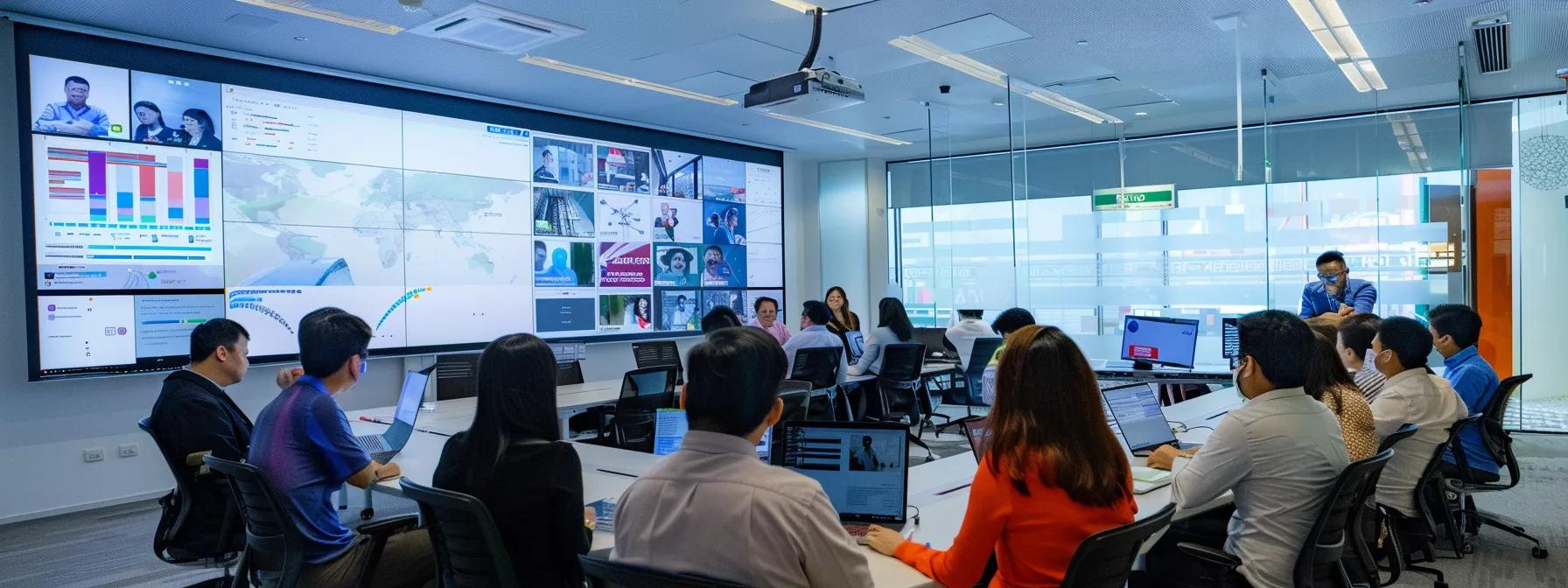 a modern office setting in singapore showcases a dynamic leadership training session, featuring diverse professionals engaged in a collaborative workshop environment, surrounded by digital screens displaying case studies from various industries. a modern office setting in singapore showcases a dynamic leadership training session, featuring diverse professionals engaged in a collaborative workshop environment, surrounded by digital screens displaying case studies from various industries.