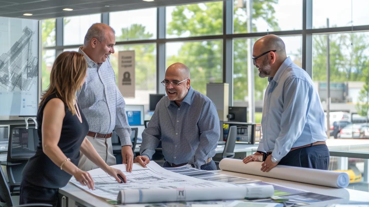 a modern office setting in knoxville showcases a diverse group of engaged professionals analyzing sustainable construction blueprints, surrounded by sleek, energy-efficient building materials and digital displays illustrating the benefits of green infrastructure. a modern office setting in knoxville showcases a diverse group of engaged professionals analyzing sustainable construction blueprints, surrounded by sleek, energy-efficient building materials and digital displays illustrating the benefits of green infrastructure.