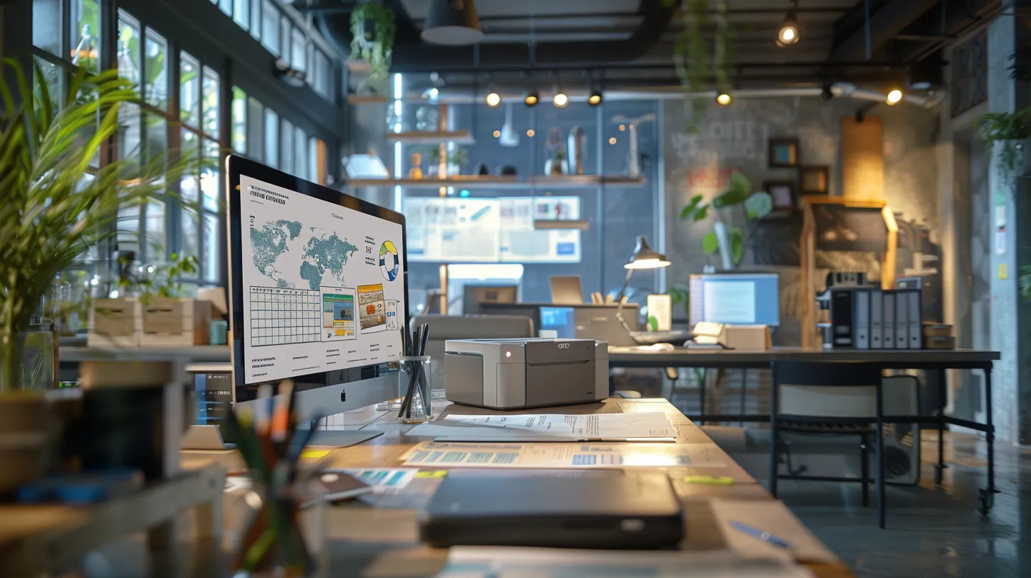 a modern office setting showcases a sleek, eco-conscious workspace adorned with samples of glossy card stock alongside vivid infographics highlighting sustainable printing options and recycling processes. a modern office setting showcases a sleek, eco-conscious workspace adorned with samples of glossy card stock alongside vivid infographics highlighting sustainable printing options and recycling processes.