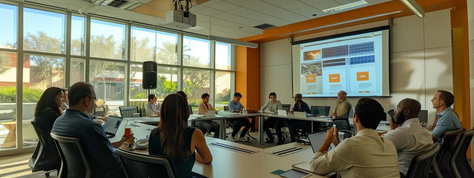 a modern office setting showcases a diverse group of focused professionals gathered around a large conference table, engaged in a dynamic discussion about the application process for solar loans, with a digital presentation on a sleek screen illustrating key steps and documents. a modern office setting showcases a diverse group of focused professionals gathered around a large conference table, engaged in a dynamic discussion about the application process for solar loans, with a digital presentation on a sleek screen illustrating key steps and documents.