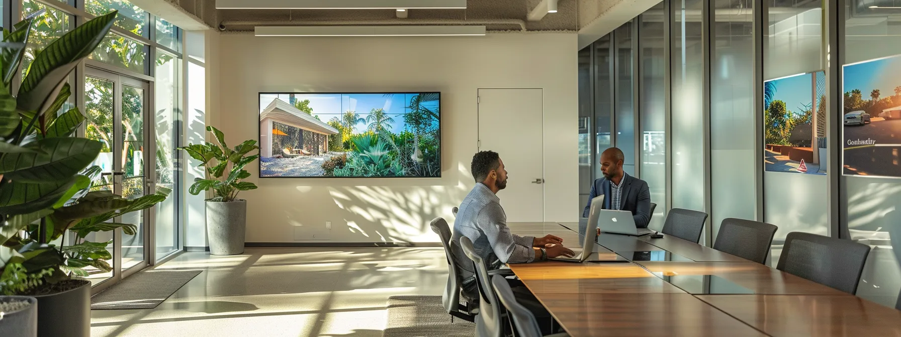 a modern office setting showcases a professional consultant engaging with a homeowner in a sleek conference room, surrounded by eco-friendly pest control brochures and technology, emphasizing tailored mosquito control solutions.