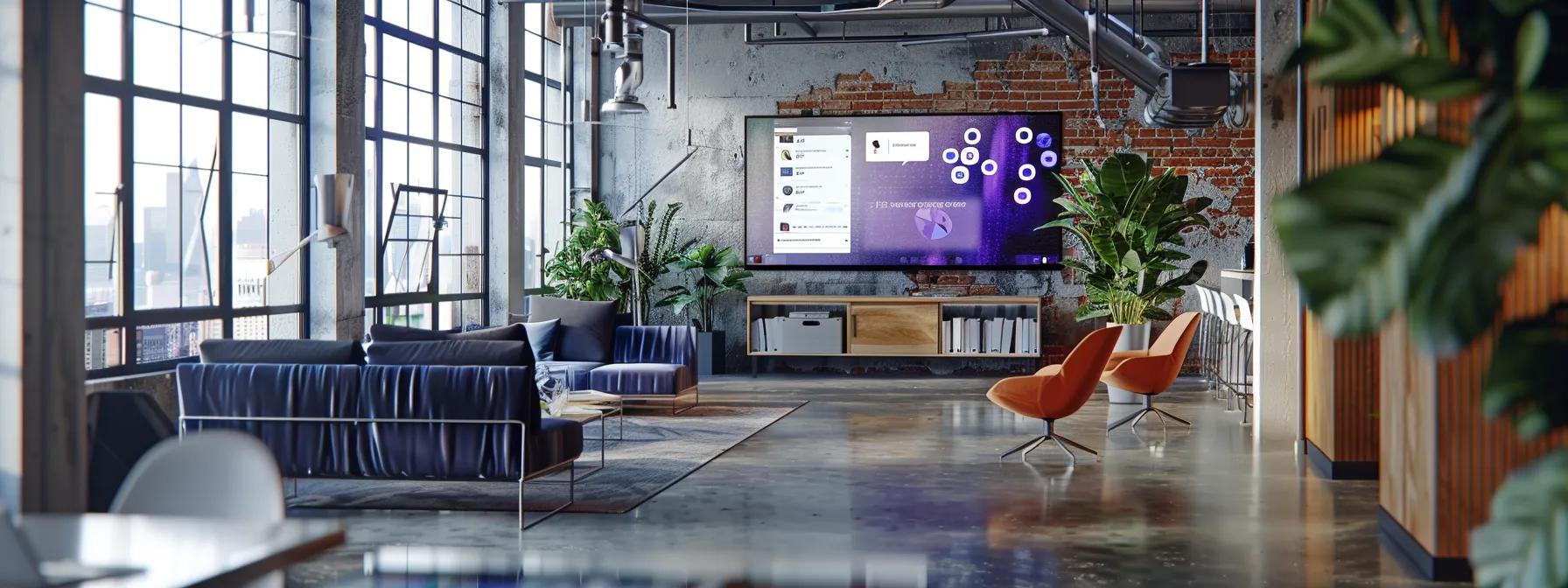 a modern office setting showcases a sleek website interface on a large screen, featuring dynamic interactive elements like chatbots and animated buttons that visibly engage users with vibrant colours and real-time feedback, embodying the essence of enhanced client engagement and user experience.