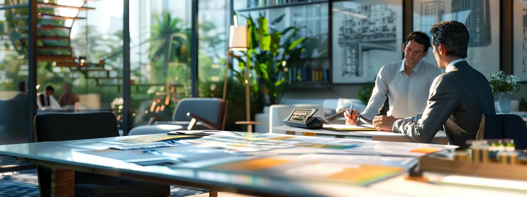 a modern office setting showcases a sleek conference table adorned with real estate market reports and color-coded neighborhood maps, while a professional consultant engages a client in a focused discussion about their specific property needs and financial goals.