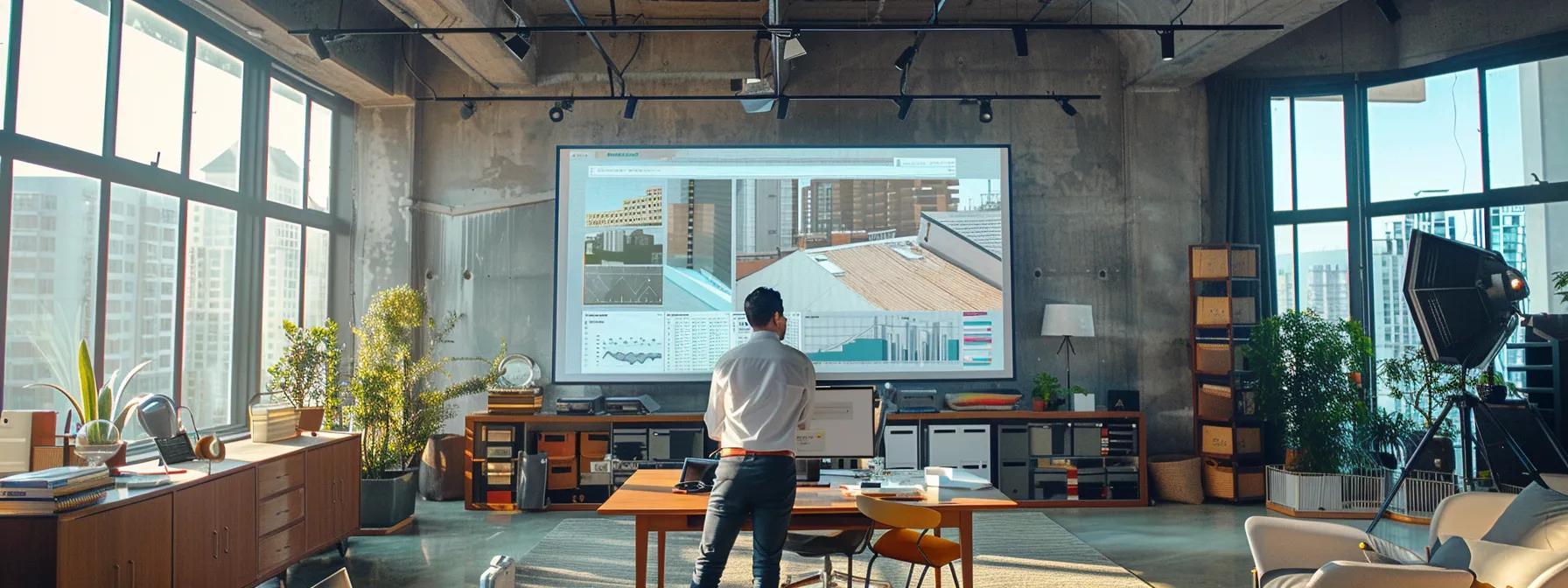 a modern office setting showcases a professional conducting a thorough roof assessment on a large screen, highlighting structural integrity with charts and visuals, emphasizing the importance of maintaining property value. a modern office setting showcases a professional conducting a thorough roof assessment on a large screen, highlighting structural integrity with charts and visuals, emphasizing the importance of maintaining property value.