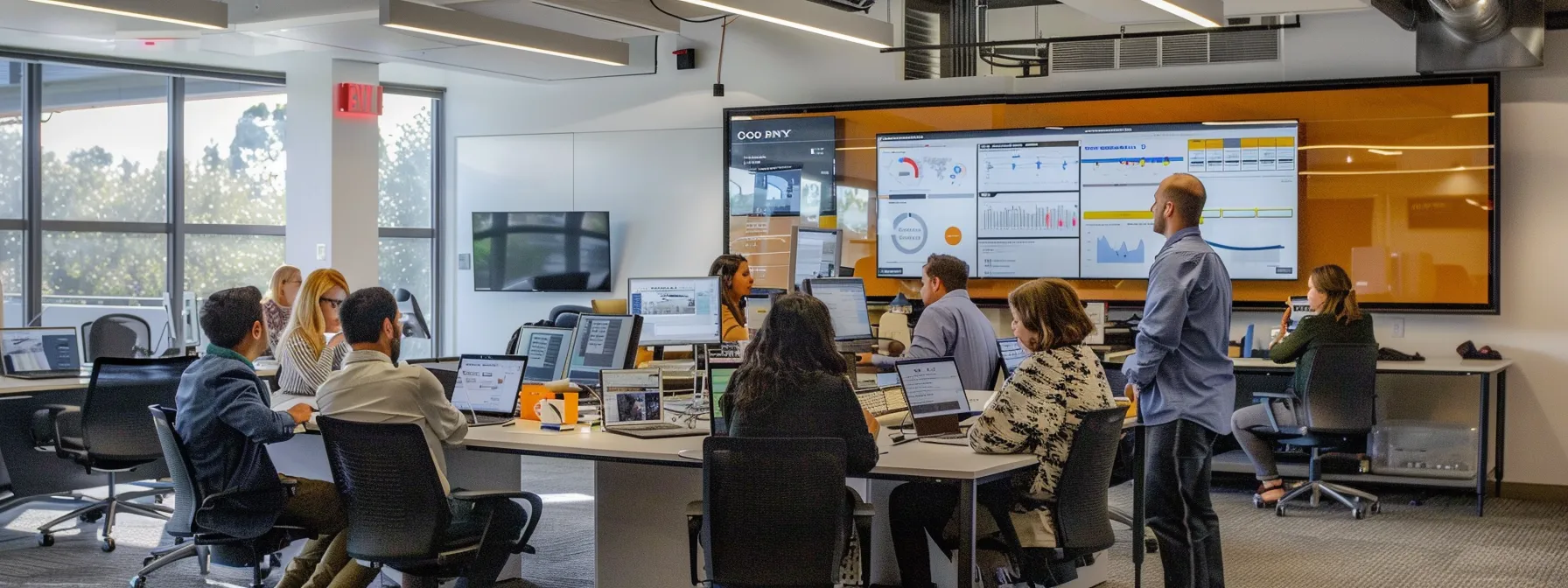 a modern office setting showcases a diverse team engaged in a collaborative brainstorming session, surrounded by digital screens displaying integrated marketing analytics and campaign timelines, emphasizing the strategic fusion of inbound and outbound marketing techniques.
