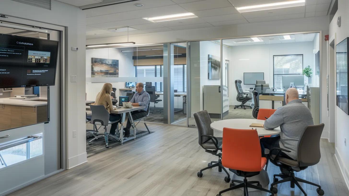 a modern office setting showcases a confident contractor discussing hurricane impact window installations with engaged homeowners, surrounded by detailed installation brochures and digital devices displaying energy efficiency statistics. a modern office setting showcases a confident contractor discussing hurricane impact window installations with engaged homeowners, surrounded by detailed installation brochures and digital devices displaying energy efficiency statistics.
