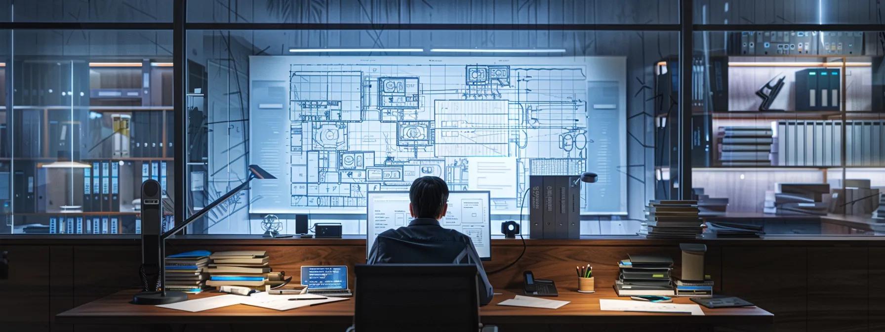 a modern office setting showcases a professional consultant seated at a sleek desk, reviewing detailed quotes from reputable contractors while a blueprint of a cooling system installation plan is prominently displayed in the foreground, emphasizing an organized and strategic decision-making process.