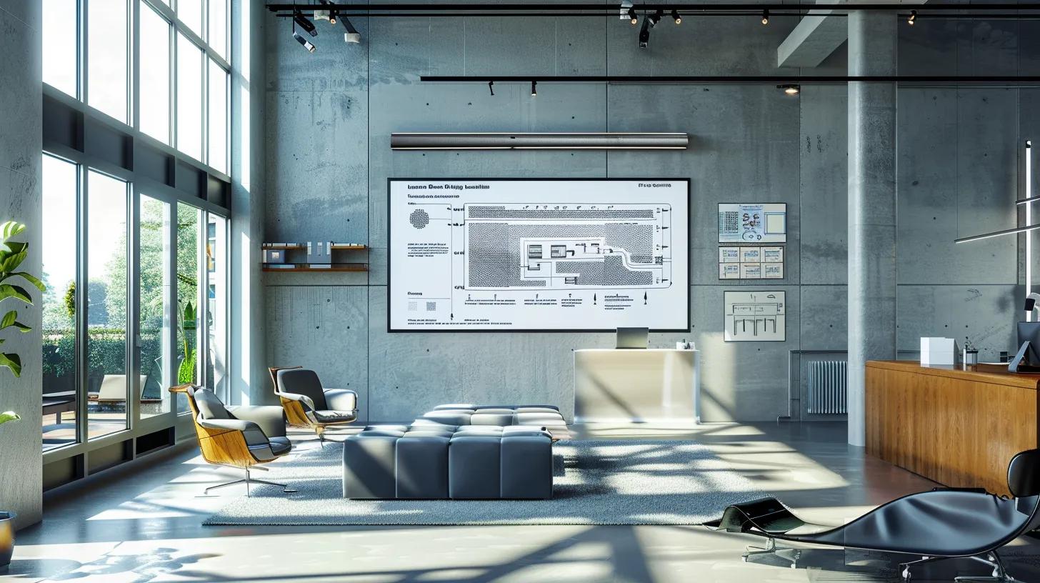 a modern office setting showcases a sleek presentation displaying a detailed diagram of a gutter system, highlighting various additional features like guards and downspouts, with a large screen illuminating intricate elements that enhance functionality and reduce maintenance costs.
