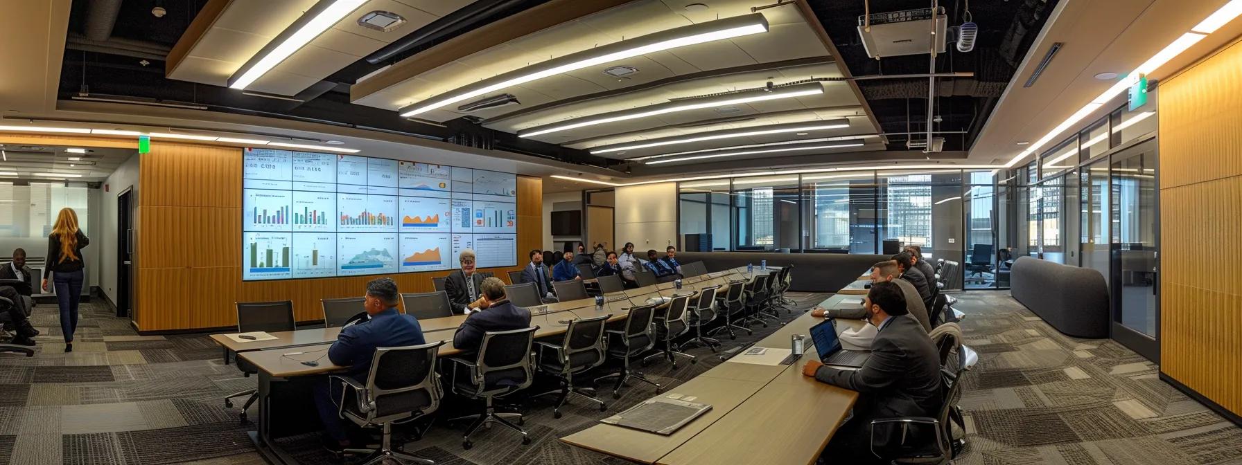 a modern office setting showcases a sleek conference room filled with diverse professionals engaged in an animated discussion about mortgage types, presented on a large digital screen displaying varying apr graphs and charts.