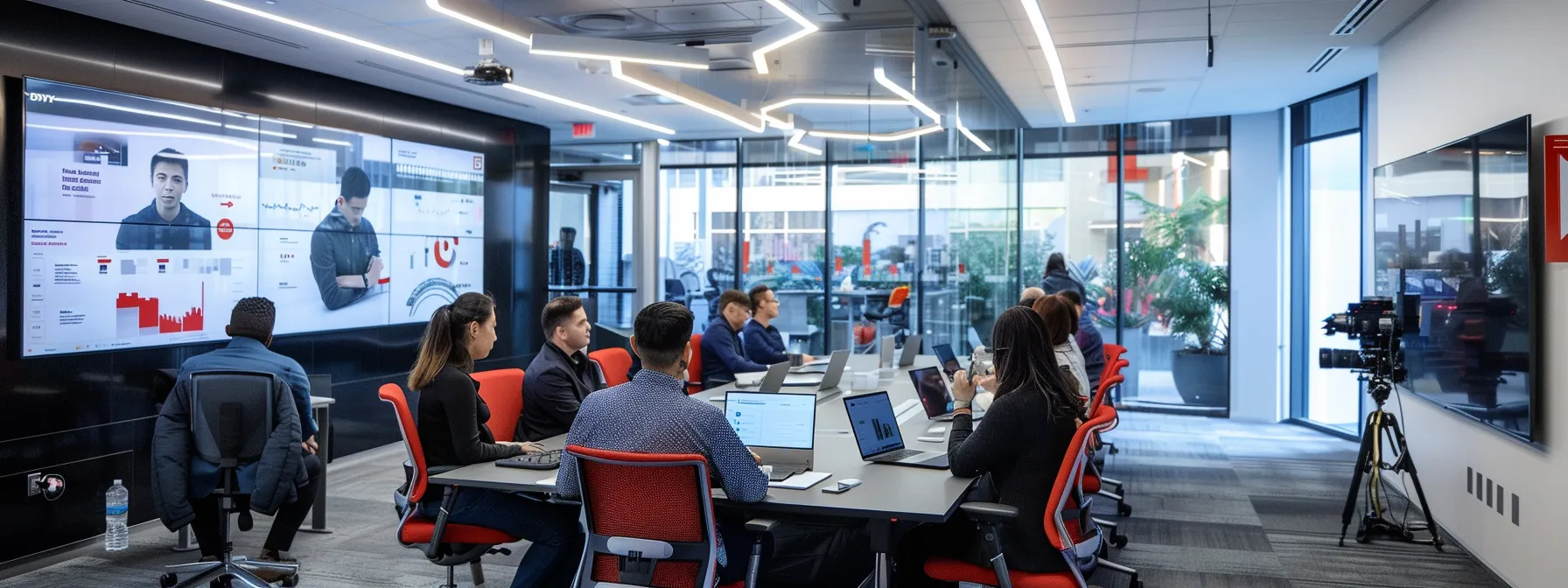 a modern office space buzzes with energy as marketing professionals engage in strategic discussions around a sleek conference table, surrounded by digital displays showcasing real-time data on outbound marketing campaigns.