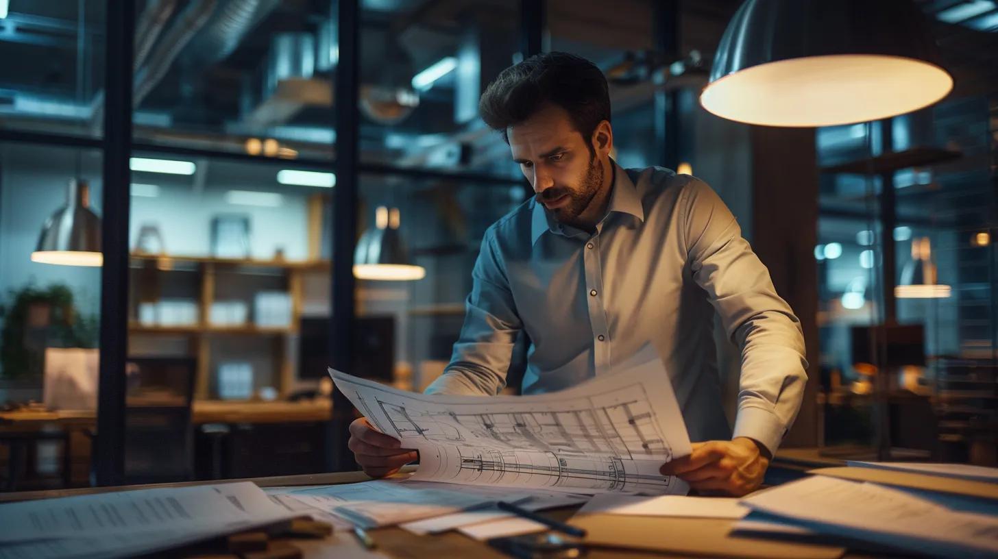 a modern office space displays a confident architect reviewing detailed building plans and permit documents, illuminated by sleek led lights casting a professional atmosphere.