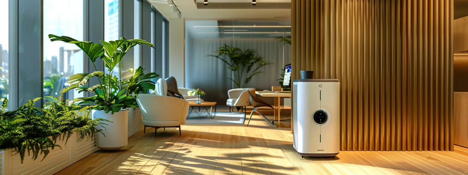 a modern office space equipped with advanced air purification systems, showcasing a sleek air quality monitor, emphasizing the importance of reducing indoor air pollution for better health outcomes. a modern office space equipped with advanced air purification systems, showcasing a sleek air quality monitor, emphasizing the importance of reducing indoor air pollution for better health outcomes.
