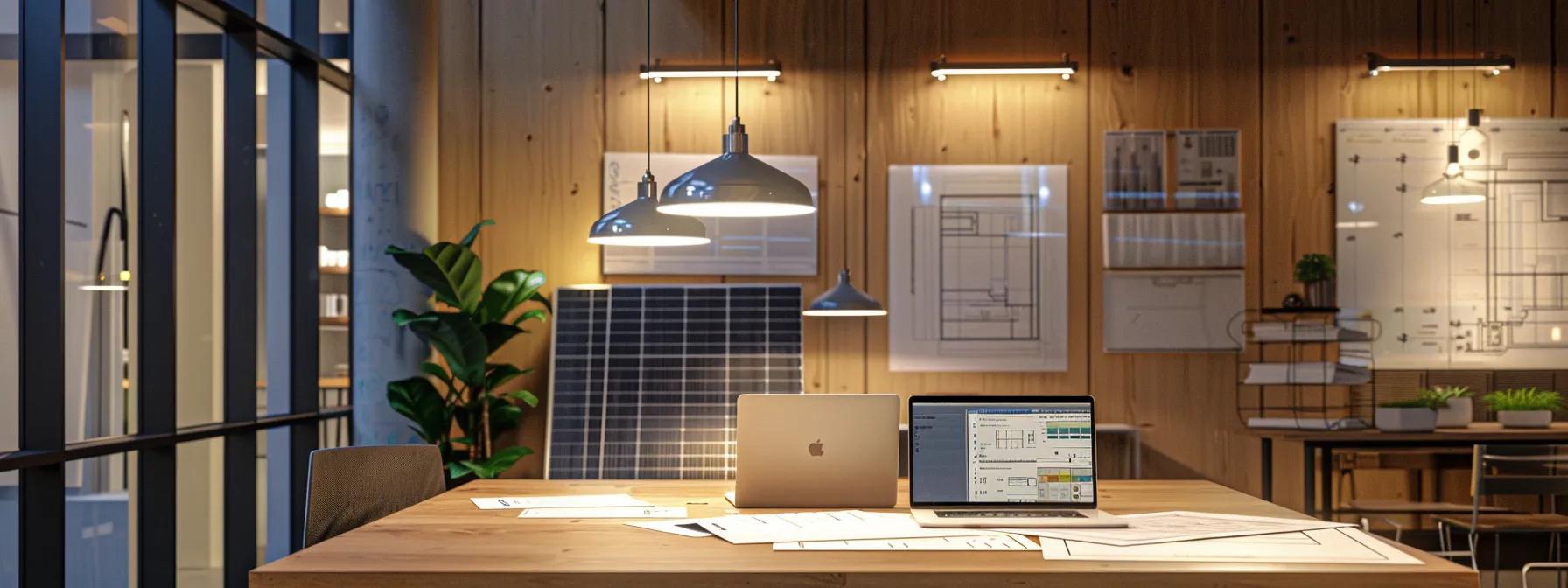 a modern office space featuring a sleek wooden desk with a laptop and documents about solar loan eligibility, illuminated by bright overhead lights, while blueprints and architectural sketches of solar panel installations are displayed prominently on the wall. a modern office space featuring a sleek wooden desk with a laptop and documents about solar loan eligibility, illuminated by bright overhead lights, while blueprints and architectural sketches of solar panel installations are displayed prominently on the wall.