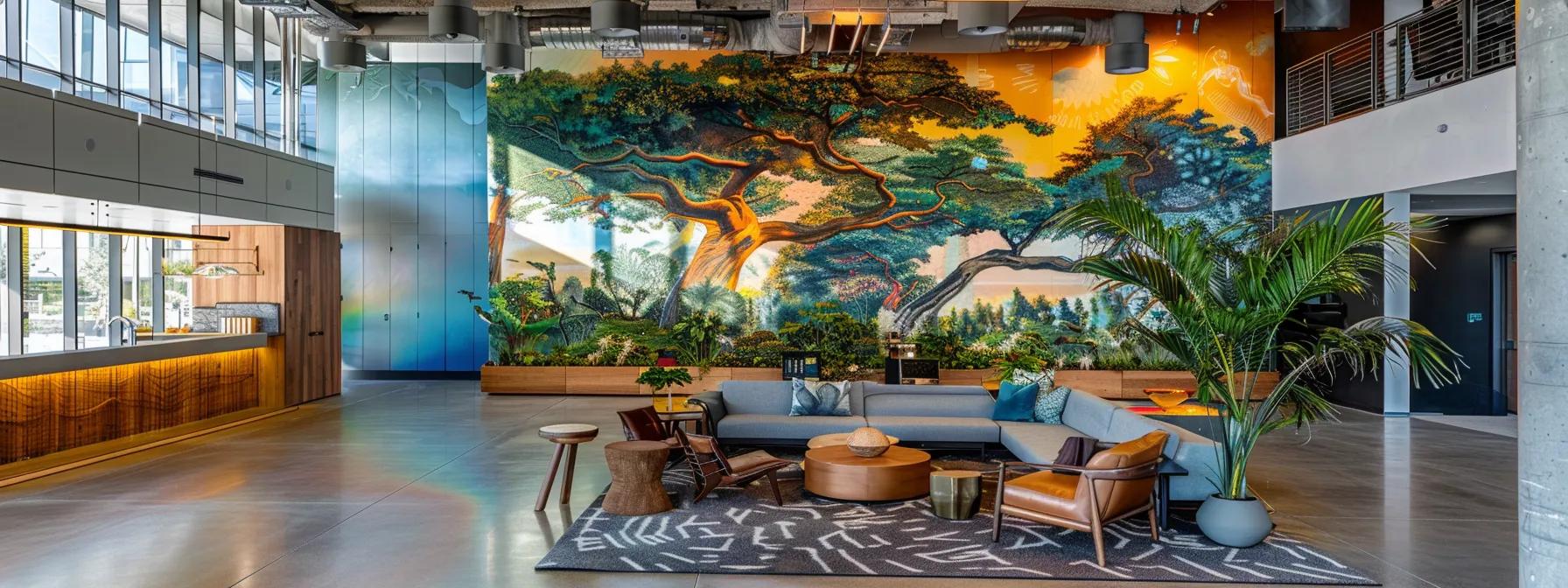 a modern office space features a large, vibrant mural depicting a thriving community landscape, where diverse trees flourish under a bright overhead light, symbolizing the strategic impact of investing in locally sourced trees on environmental health and community resilience. a modern office space features a large, vibrant mural depicting a thriving community landscape, where diverse trees flourish under a bright overhead light, symbolizing the strategic impact of investing in locally sourced trees on environmental health and community resilience.