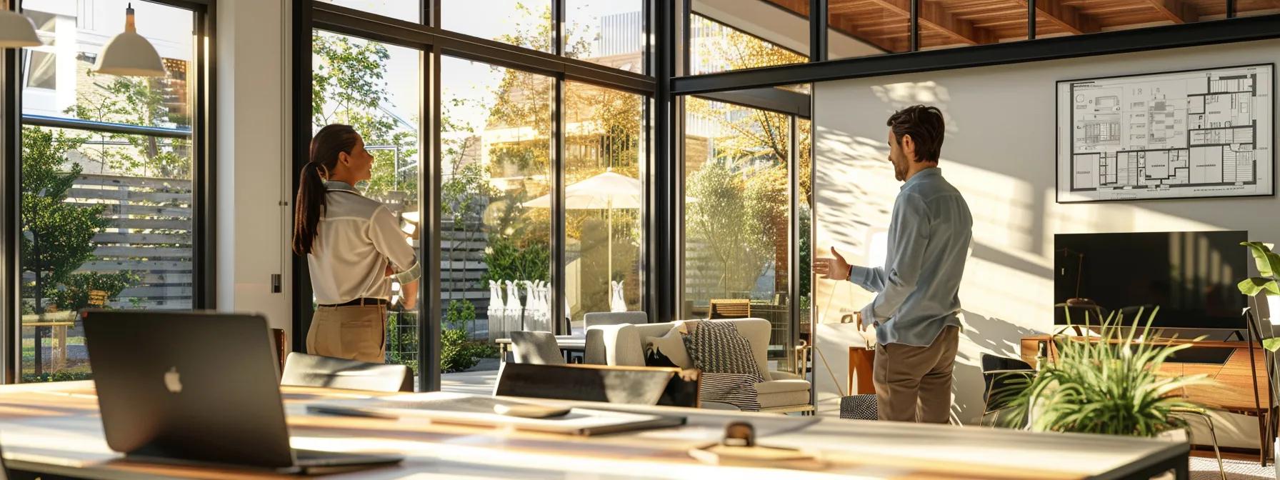 a modern office space features a professional engaging in a focused conversation with a roofing contractor, surrounded by detailed blueprints and a laptop displaying project estimates, emphasizing trust and expertise in home improvement services. a modern office space features a professional engaging in a focused conversation with a roofing contractor, surrounded by detailed blueprints and a laptop displaying project estimates, emphasizing trust and expertise in home improvement services.