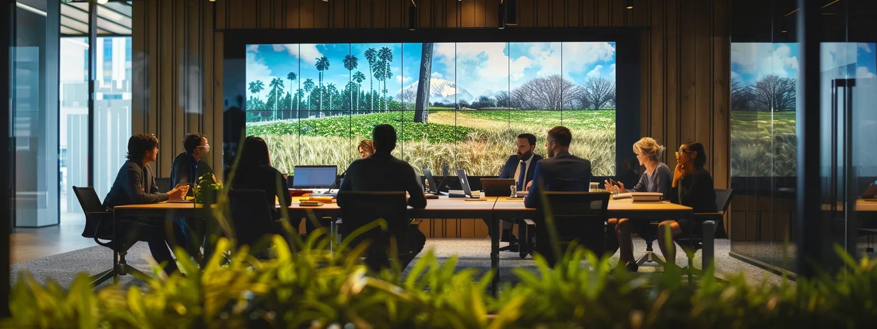 a modern office space features a diverse group of professionals engaged in a dynamic discussion around a large table, with a vibrant presentation on sustainable local agriculture and tree sourcing projected in the background, emphasizing community resilience and environmental responsibility. a modern office space features a diverse group of professionals engaged in a dynamic discussion around a large table, with a vibrant presentation on sustainable local agriculture and tree sourcing projected in the background, emphasizing community resilience and environmental responsibility.