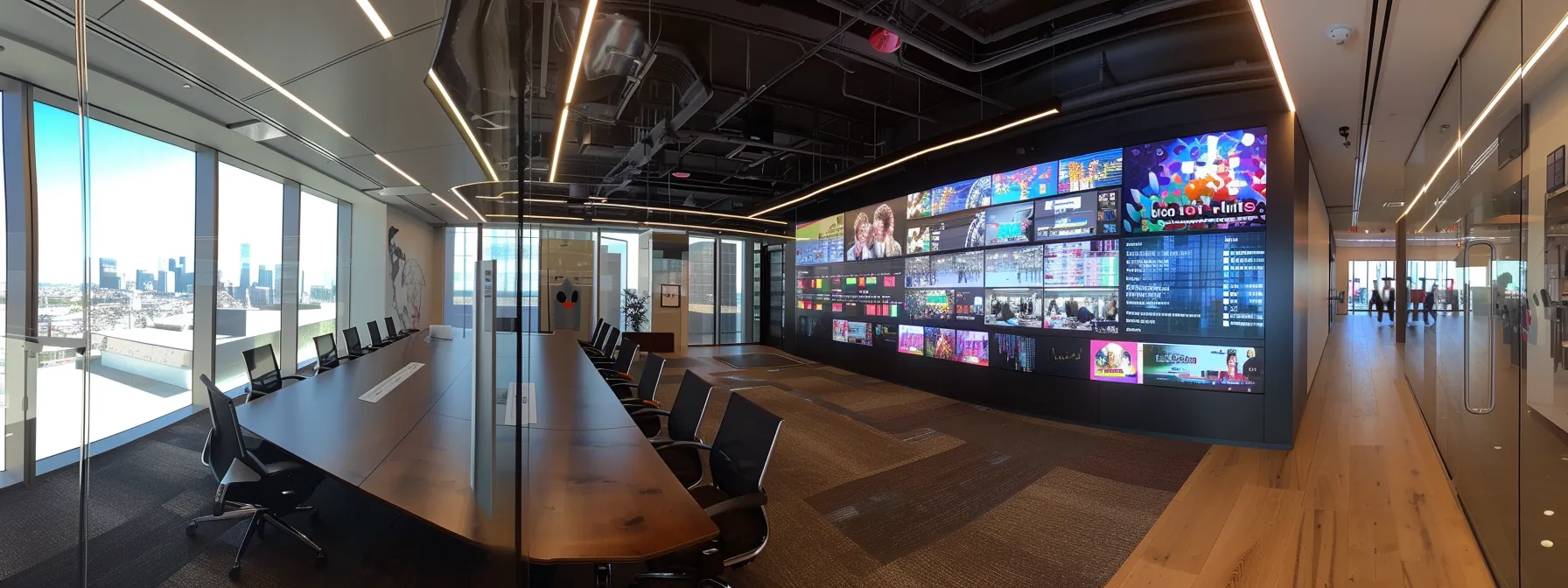 a modern office space features a sleek, glass conference room filled with dynamic digital displays, showcasing vibrant data visualizations that emphasize innovation and collaboration.