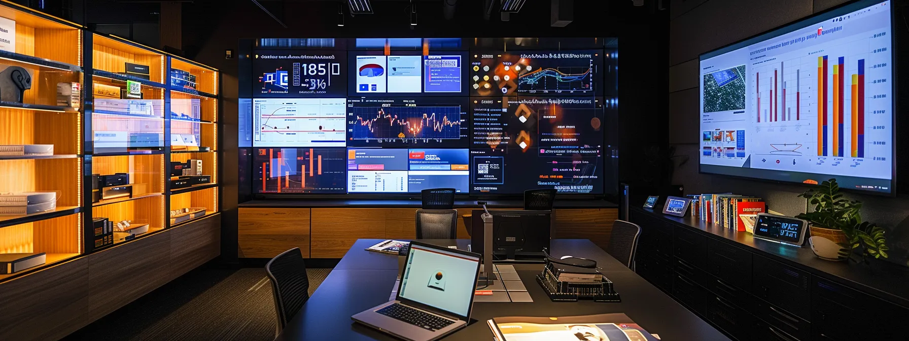 a modern office space features a sleek desk adorned with an open laptop, surrounded by strategically placed books on digital marketing strategies, highlighting case studies and online resources, with a backdrop of a dynamic digital display showcasing graphs and analytics to emphasize growth and online presence. a modern office space features a sleek desk adorned with an open laptop, surrounded by strategically placed books on digital marketing strategies, highlighting case studies and online resources, with a backdrop of a dynamic digital display showcasing graphs and analytics to emphasize growth and online presence.