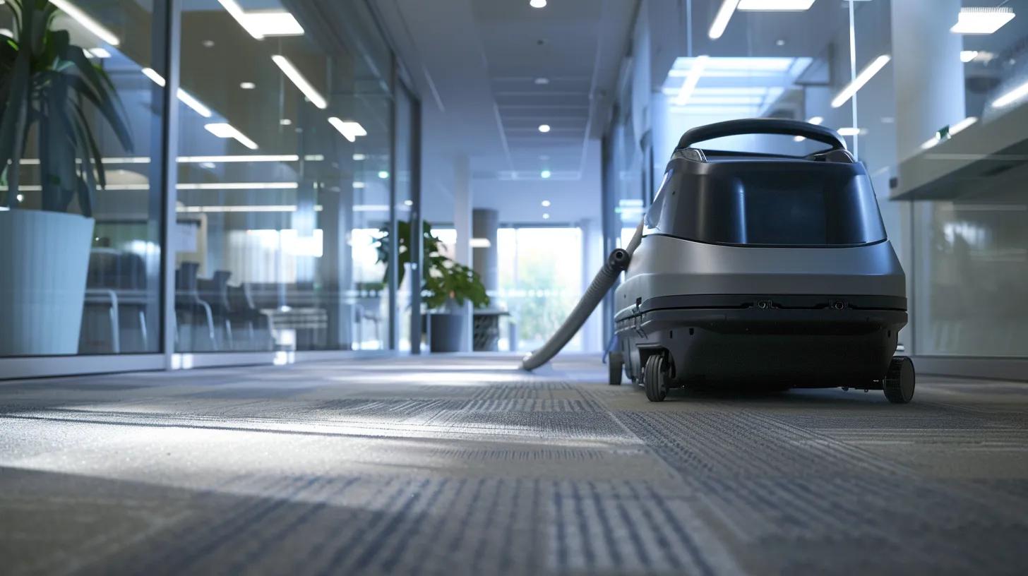 a modern office space features a sleek, high-tech carpet cleaning machine in action, showcasing the process of deep cleaning upholstery, with bright, polished surfaces reflecting the professionalism of commercial carpet and upholstery services.
