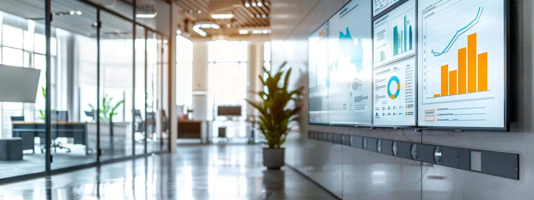 a modern office space features a large digital display showcasing vibrant analytics graphs and performance indicators, symbolizing the strategic evaluation of mental health content marketing efforts to enhance patient engagement.