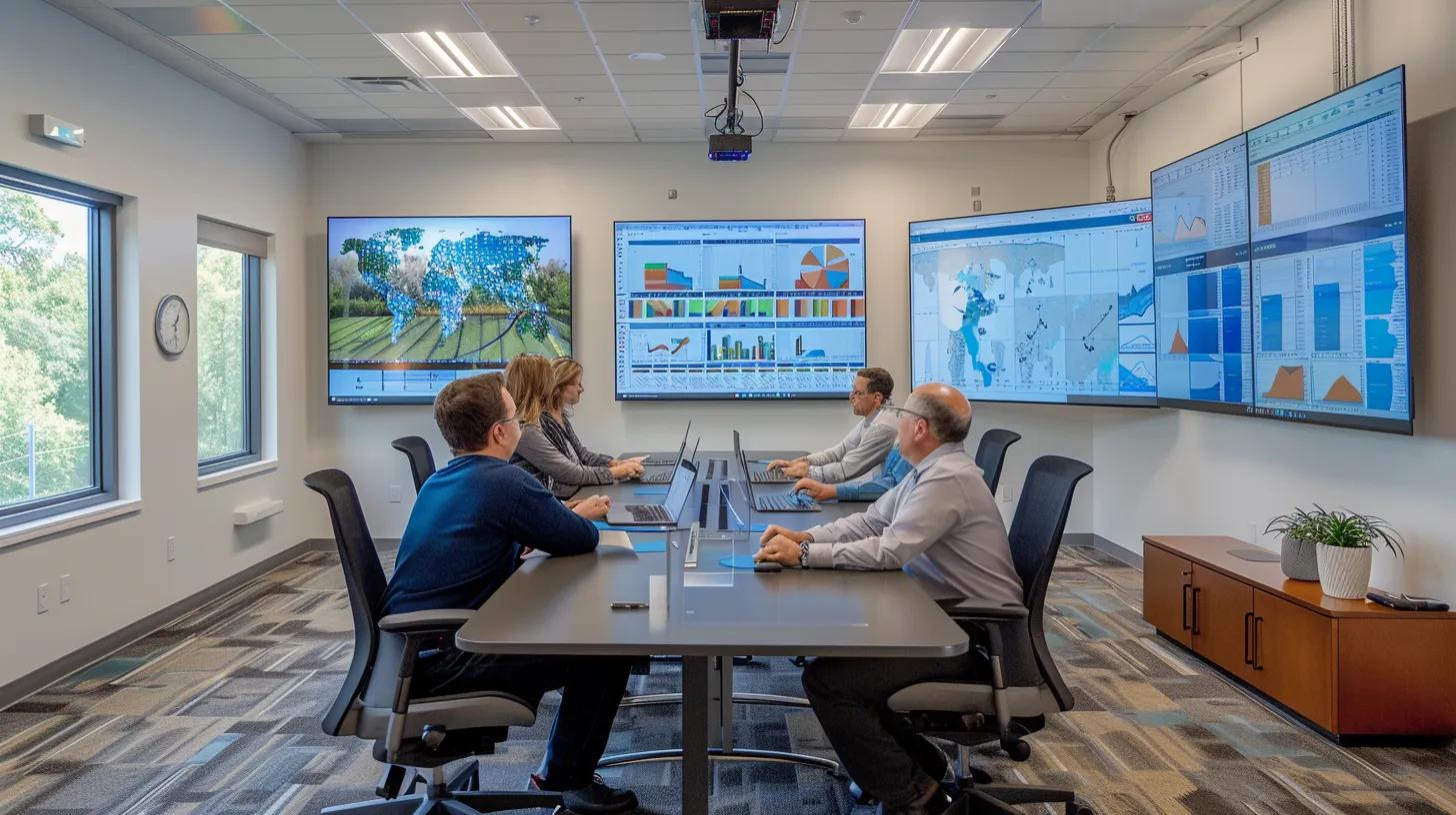 a modern office space features a dynamic team collaborating around a sleek conference table, analyzing digital graphs and charts on smart screens, highlighting effective irrigation systems designed specifically for chattanooga's unique climate challenges. a modern office space features a dynamic team collaborating around a sleek conference table, analyzing digital graphs and charts on smart screens, highlighting effective irrigation systems designed specifically for chattanooga's unique climate challenges.