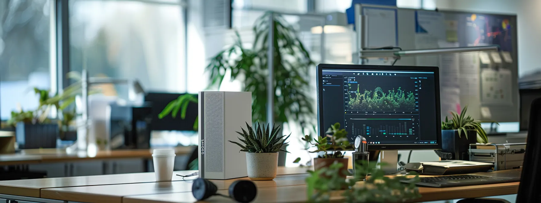 a modern office space features humidity monitoring equipment prominently displayed alongside an organized workspace, subtly illuminated by artificial overhead lighting, emphasizing a commitment to maintaining optimal air quality and preventing mold growth. a modern office space features humidity monitoring equipment prominently displayed alongside an organized workspace, subtly illuminated by artificial overhead lighting, emphasizing a commitment to maintaining optimal air quality and preventing mold growth.