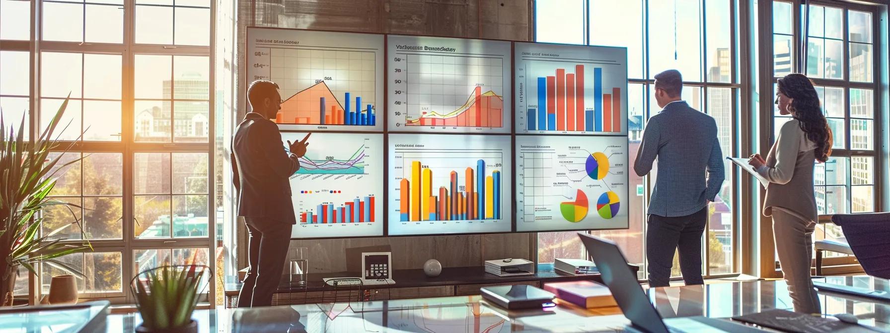 a modern office space features a large digital display showing vibrant graphs and charts depicting nashville real estate market trends, with a focused couple analyzing data and strategizing their home buying decisions.