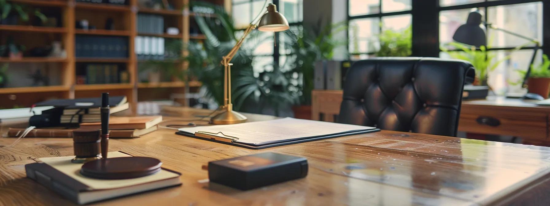 a modern office space features a polished wooden desk, neatly organized with meticulously prepared legal documents and a sleek notary stamp prominently displayed, conveying a sense of efficiency and professionalism in the notary signing process. a modern office space features a polished wooden desk, neatly organized with meticulously prepared legal documents and a sleek notary stamp prominently displayed, conveying a sense of efficiency and professionalism in the notary signing process.