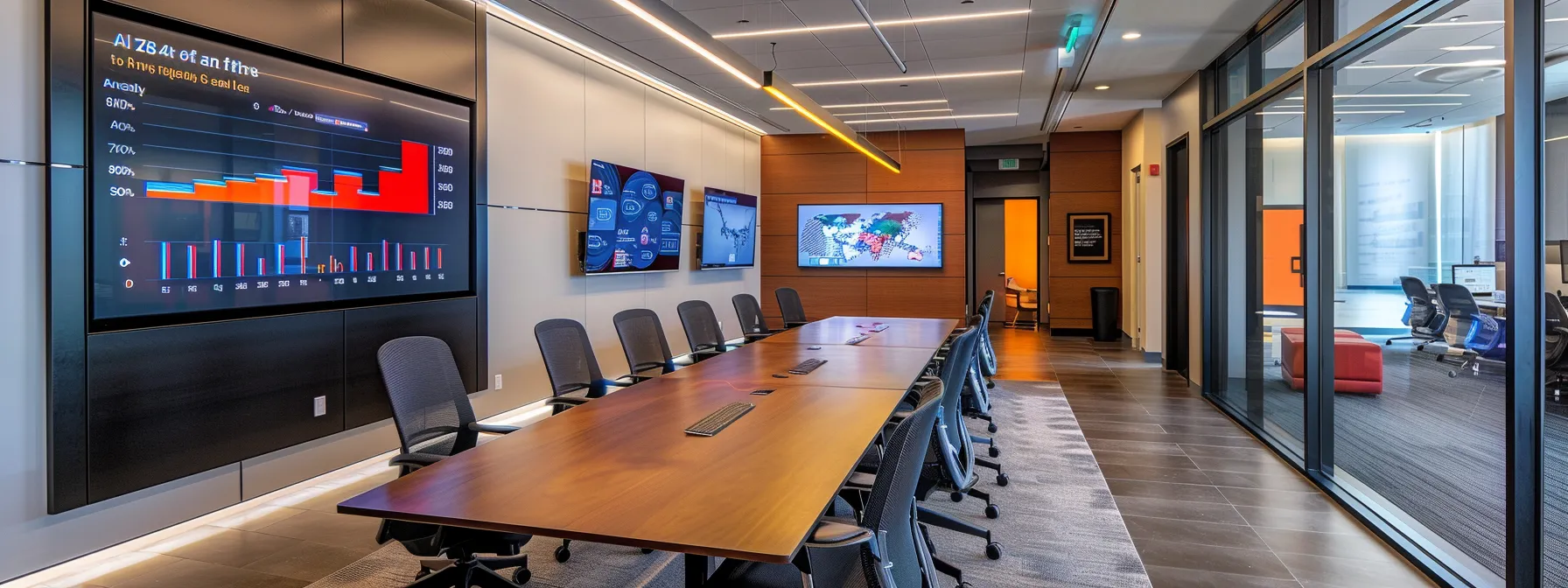 a modern office space, featuring sleek digital displays showcasing dynamic graphs and charts, illustrating the concept of sentiment analysis through natural language processing methodologies.
