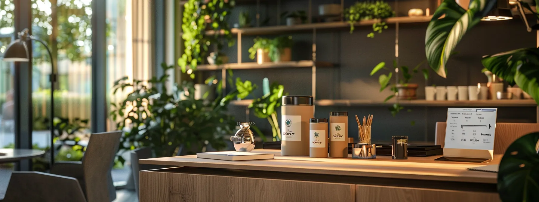 a modern office space featuring a sleek desk with eco-friendly pest control literature, an organized display of natural repellent products, and a digital screen showcasing community forums and certification badges, all bathed in warm, focused lighting.