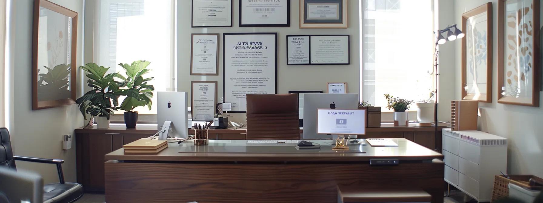 a modern office space featuring a sleek desk, a computer displaying health consulting websites, and a backdrop of framed certificates, symbolizing the search for trusted health consultant services in a professional environment. a modern office space featuring a sleek desk, a computer displaying health consulting websites, and a backdrop of framed certificates, symbolizing the search for trusted health consultant services in a professional environment.