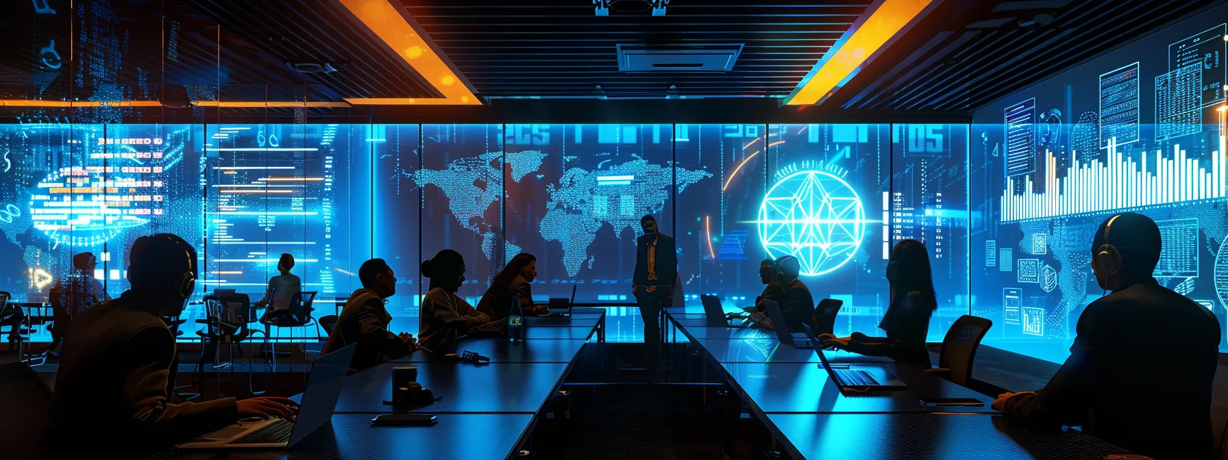 a modern office space filled with professionals collaborating around a sleek conference table, analyzing data from laptops and digital devices that display vibrant graphs and backlink profiles, emphasizing the strategic planning of effective link building for search engine optimization.