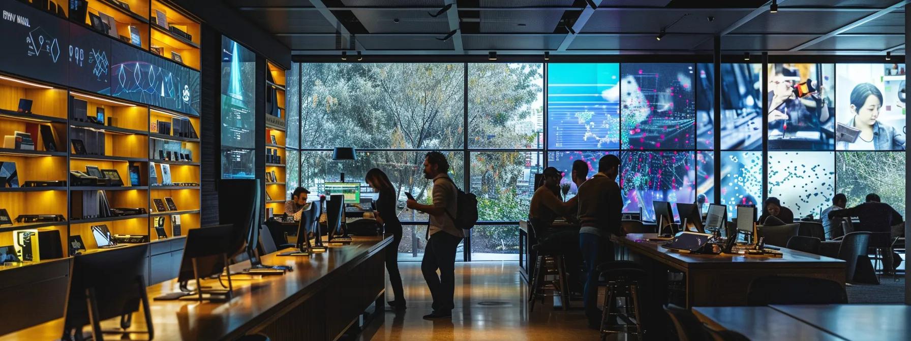 a modern office space filled with sleek technology showcases a diverse team engaged in a dynamic brainstorming session, illuminated by vibrant screens displaying analytics and ai-driven search strategies, emphasizing the fusion of creativity and data-driven decision-making.