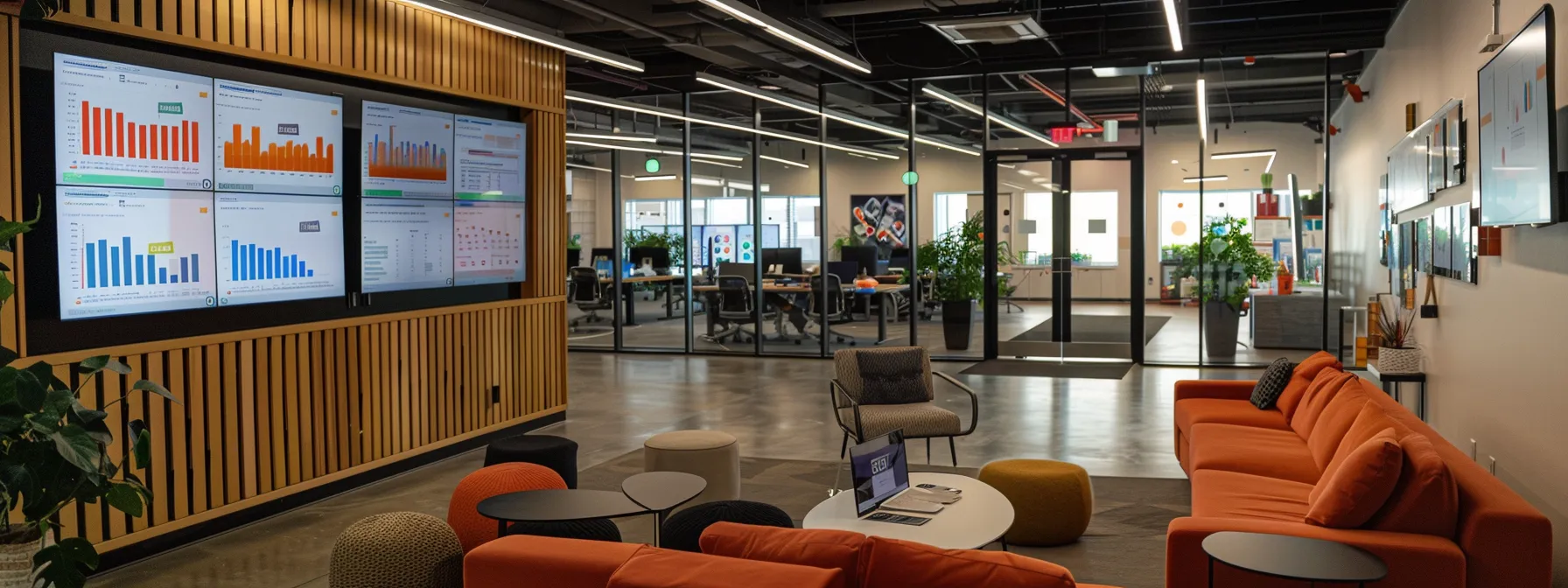 a modern office space filled with vibrant charts and graphs on digital dashboards, showcasing a diverse team engaging in an intense discussion around the strategic planning of ambitious yet realistic marketing targets.