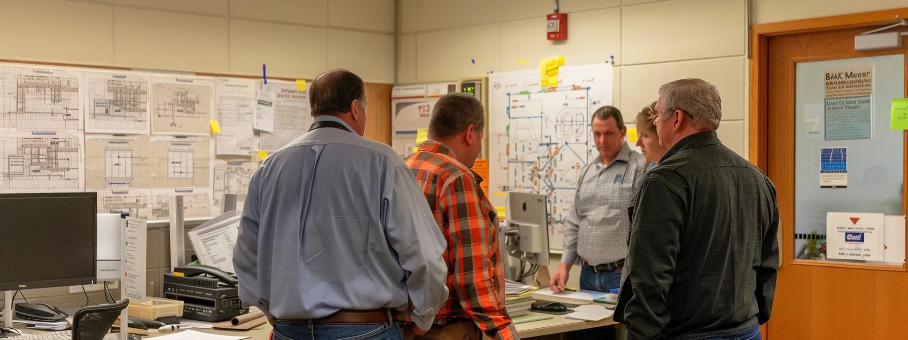 a modern office space in cape cod featuring a team of professional electrical contractors engaged in a strategic planning session, surrounded by blueprints and technical diagrams, emphasizing collaboration and innovation in commercial electrical solutions. a modern office space in cape cod featuring a team of professional electrical contractors engaged in a strategic planning session, surrounded by blueprints and technical diagrams, emphasizing collaboration and innovation in commercial electrical solutions.