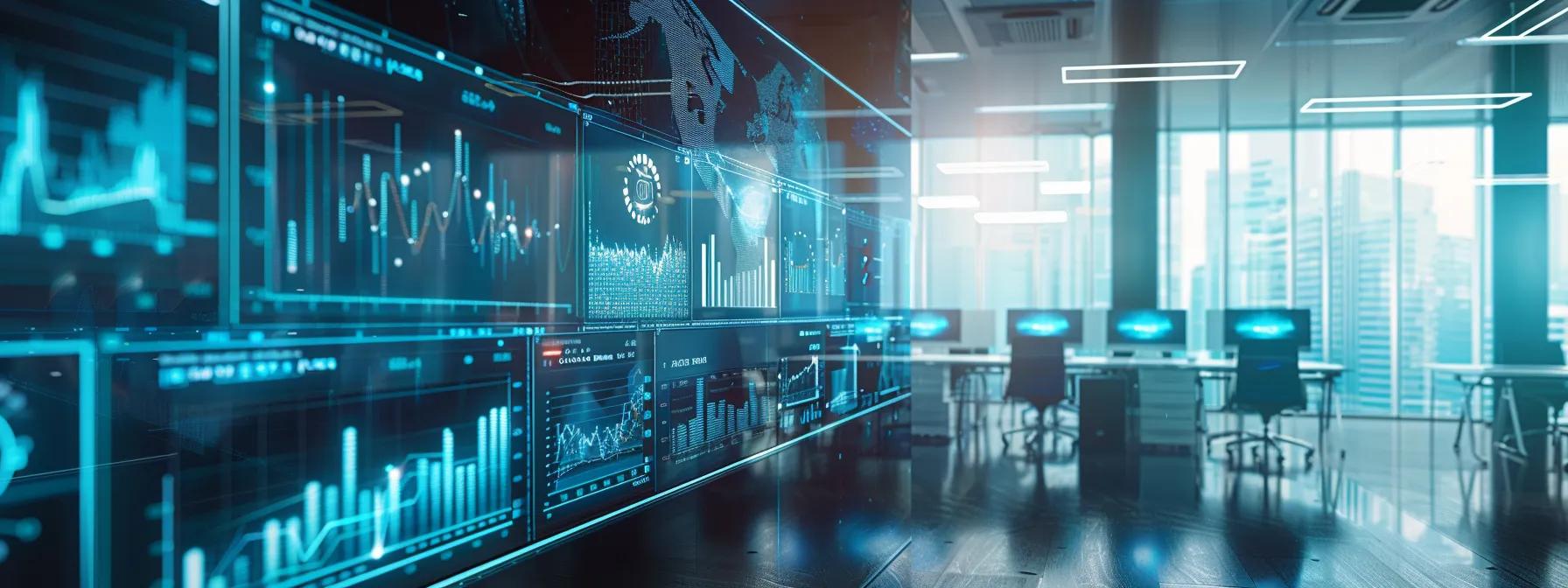 a modern office space is filled with large screens showcasing dynamic data visualizations and ai-driven insights, illustrating the transformation of raw information into engaging narratives that captivate audiences.