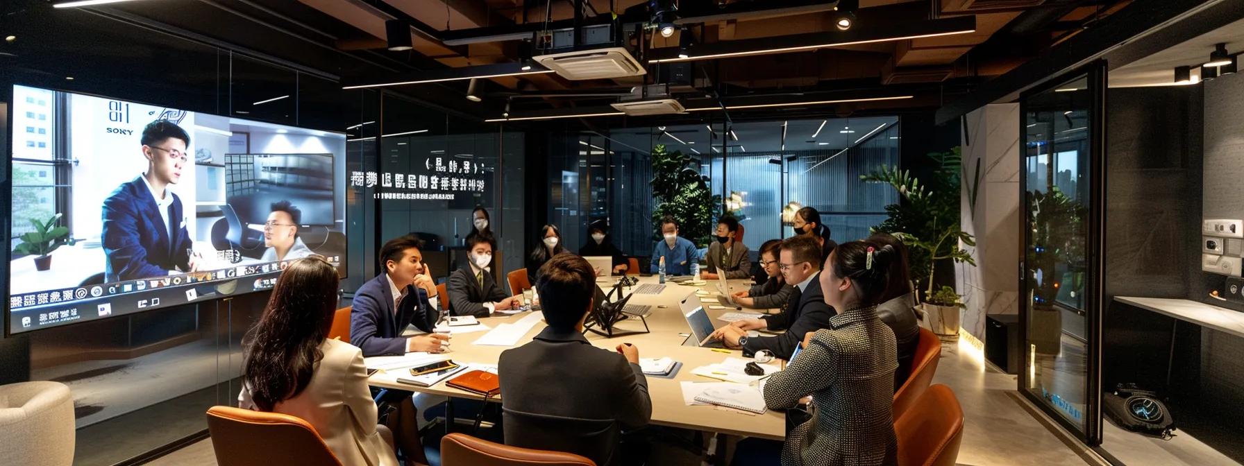 a modern office space is illuminated by soft overhead light, showcasing a diverse group of professionals engaged in a collaborative discussion around a sleek conference table, surrounded by digital screens displaying mental health content marketing strategies, emphasizing the vital connection between education and mental well-being.