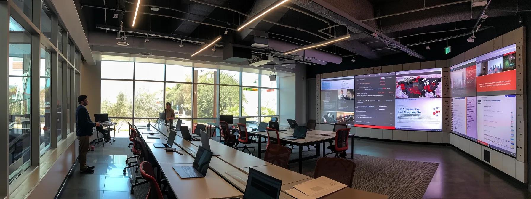 a modern office space is filled with sleek laptops and digital marketing tools, showcasing a diverse team engaged in collaborative keyword research on a large screen displaying high-value search terms and analytics data.