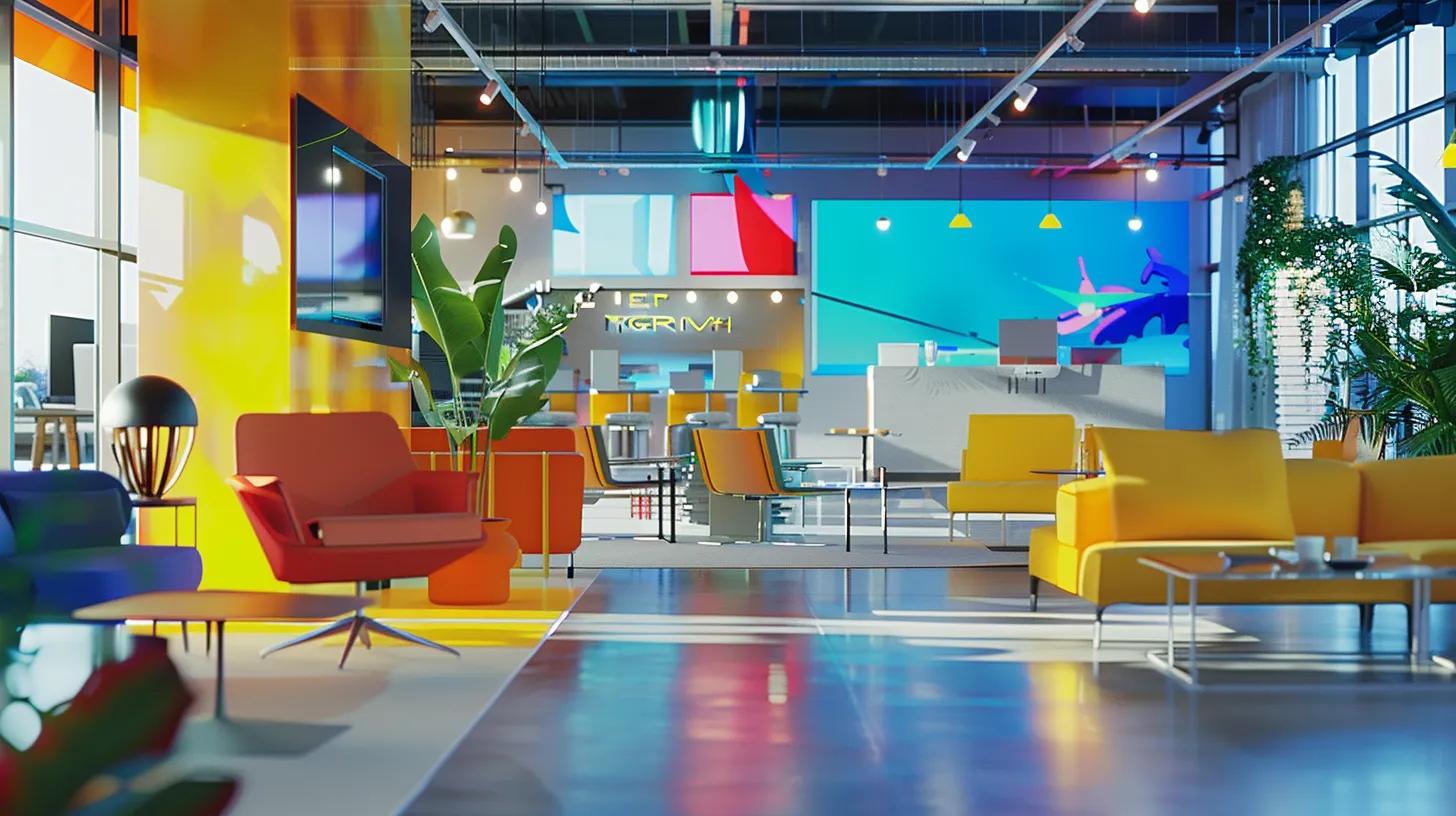 a modern office space is filled with sleek, adaptable furniture and vibrant digital displays, showcasing a collaborative environment where traditional design constraints are visibly juxtaposed against innovative technology and flexible layouts. a modern office space is filled with sleek, adaptable furniture and vibrant digital displays, showcasing a collaborative environment where traditional design constraints are visibly juxtaposed against innovative technology and flexible layouts.