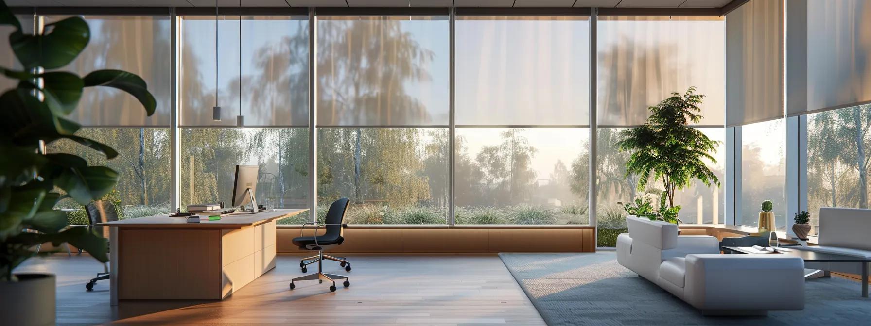 a modern office space showcases energy-efficient window treatments, featuring sleek, eco-friendly materials that reflect a commitment to sustainability with an emphasis on minimalistic design and soft, ambient lighting.