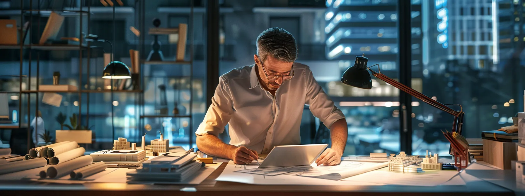 a modern office space showcases an architect reviewing dynamic blueprints on a sleek digital tablet, surrounded by innovative architectural models, emphasizing career advancement in a competitive industry.