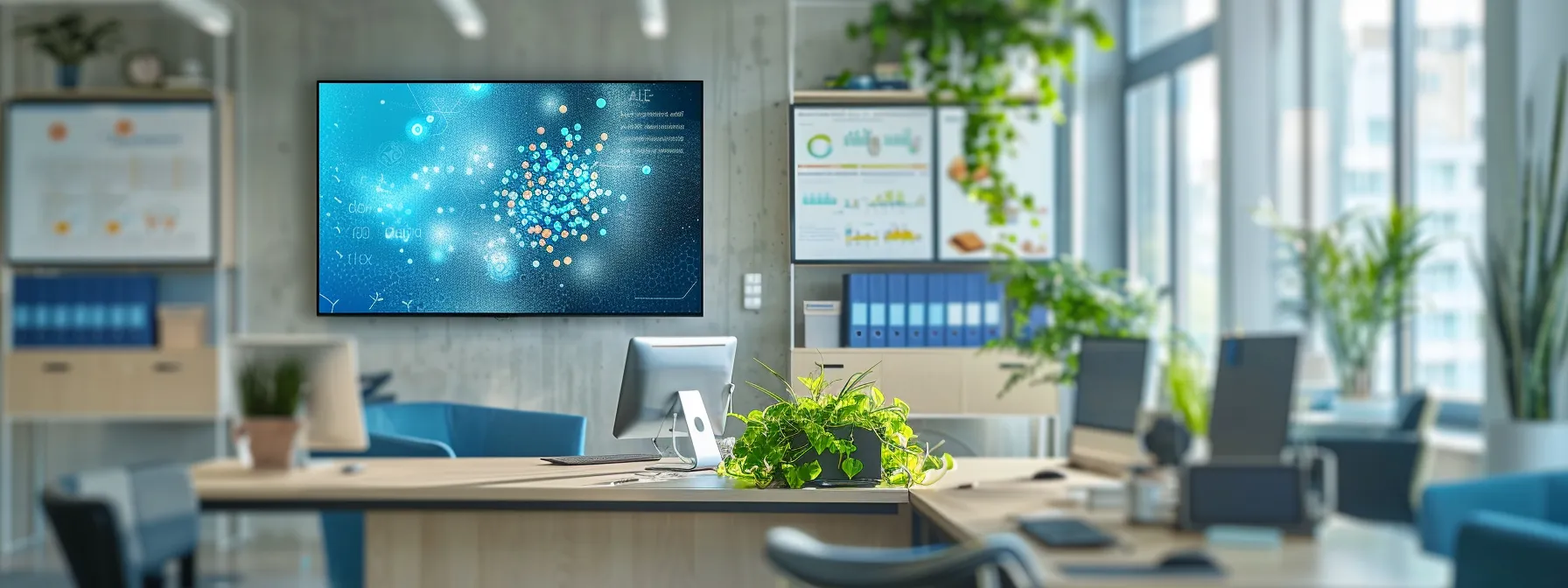 a modern office space showcases a sleek presentation on a digital screen, featuring vibrant infographics of natural mosquito control methods, with stylish furniture and organized materials, emphasizing a professional approach to diy pest management for families and pets.