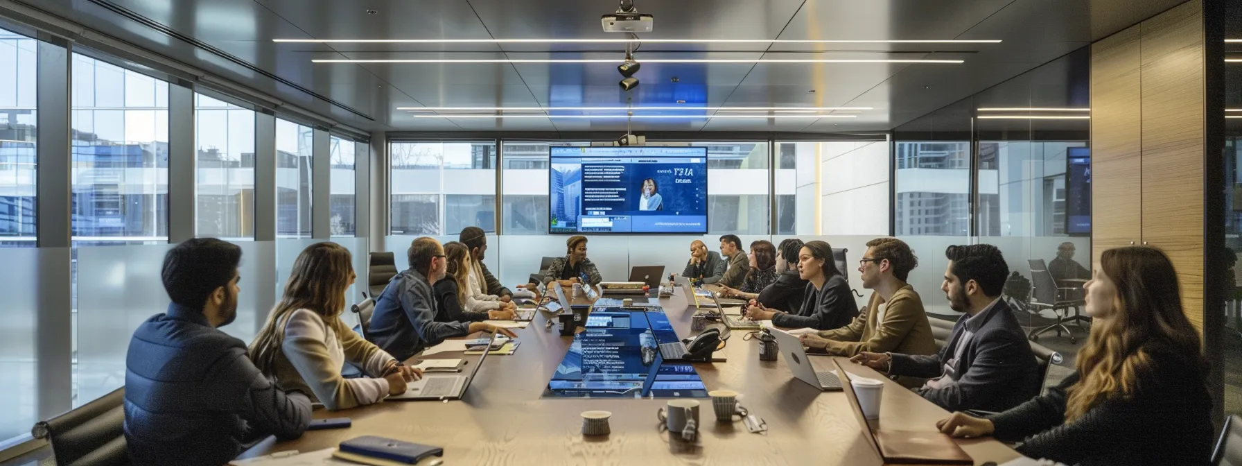 a modern office space showcases a diverse team engaged in a dynamic discussion around a large conference table, with clear role labels visible on digital screen displays, emphasizing the importance of defined responsibilities for effective collaboration.