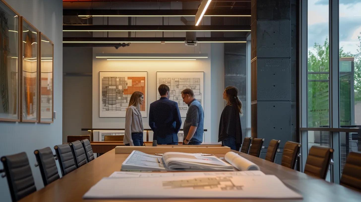 a modern office space showcases a collaborative meeting between local sustainable building experts and clients, featuring architectural blueprints on a sleek conference table and eco-friendly materials displayed prominently, all bathed in warm, ambient lighting to emphasize innovation in green construction. a modern office space showcases a collaborative meeting between local sustainable building experts and clients, featuring architectural blueprints on a sleek conference table and eco-friendly materials displayed prominently, all bathed in warm, ambient lighting to emphasize innovation in green construction.