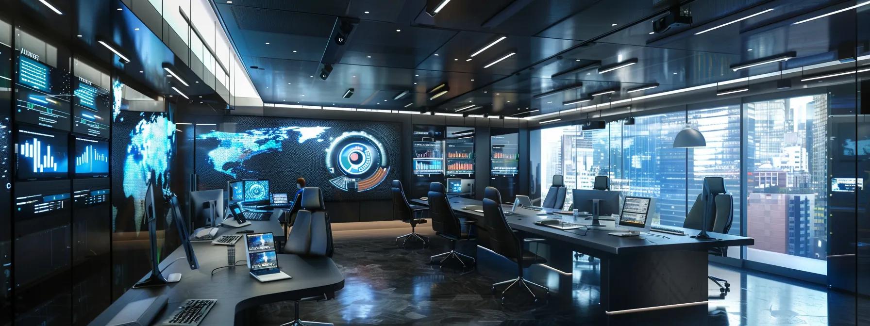 a modern office space showcases a sleek, high-tech advanced cooling system integrated seamlessly into the ceiling, with digital displays indicating optimal performance metrics and staff engaging in training sessions around a polished conference table.