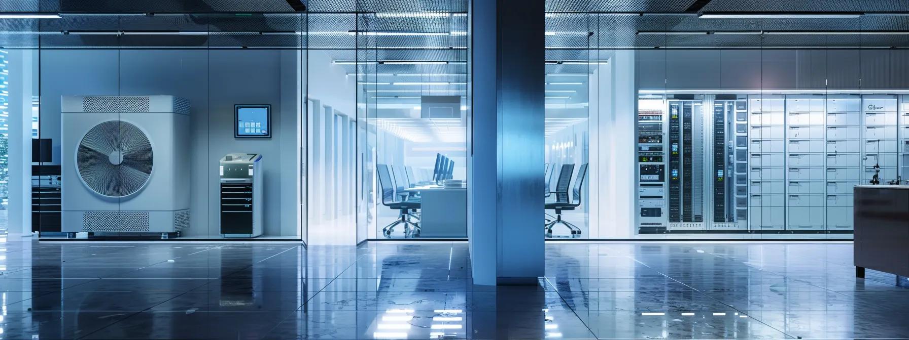 a modern office space showcases an advanced cooling system, with sleek ductwork and digital control panels prominently displayed, emphasizing business efficiency amid a backdrop of sophisticated technology and equipment.