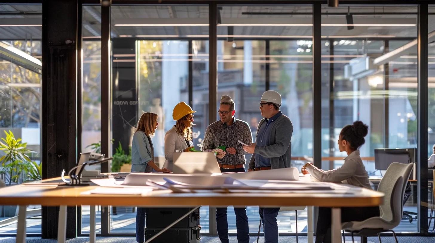 a modern office space showcases a diverse group of professionals engaged in a vibrant discussion around a large conference table, with blueprints and surety bond documentation strategically placed, emphasizing the importance of risk management in construction projects.