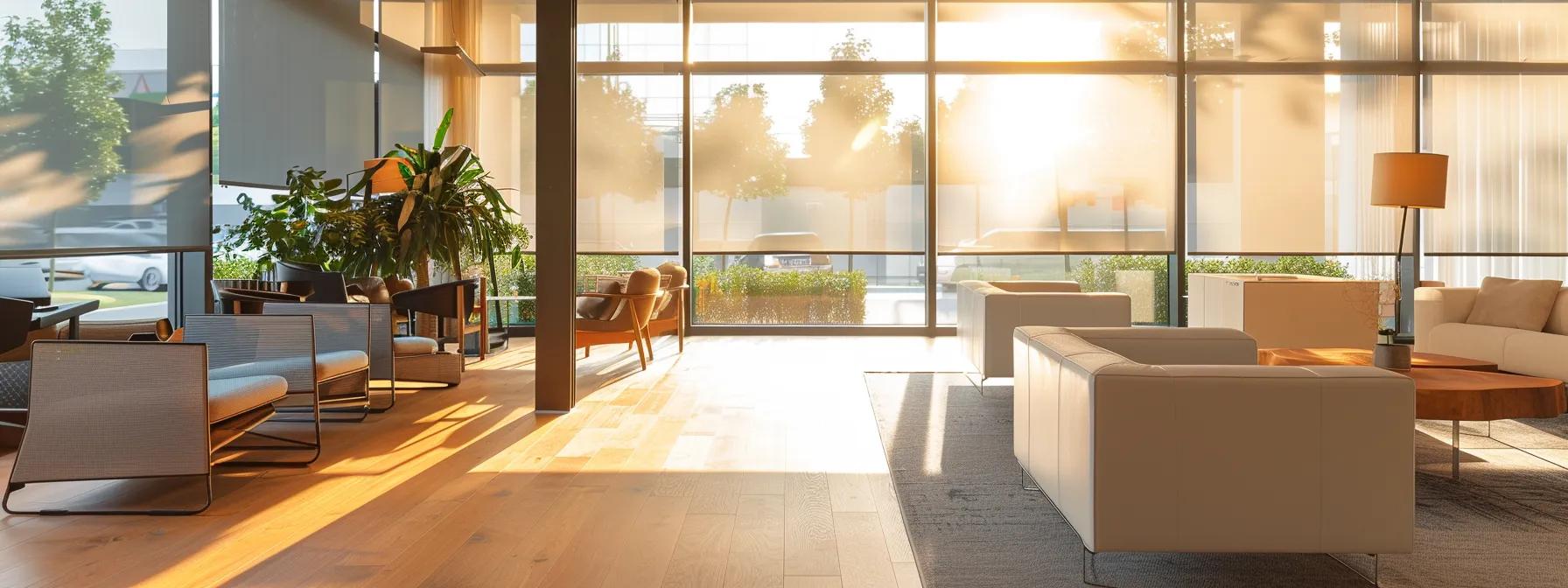 a modern office space showcases a variety of window treatments made from fabric, vinyl, wood, and aluminum, emphasizing their distinct textures and colors while sunlight filters through, highlighting their energy efficiency and aesthetic appeal.