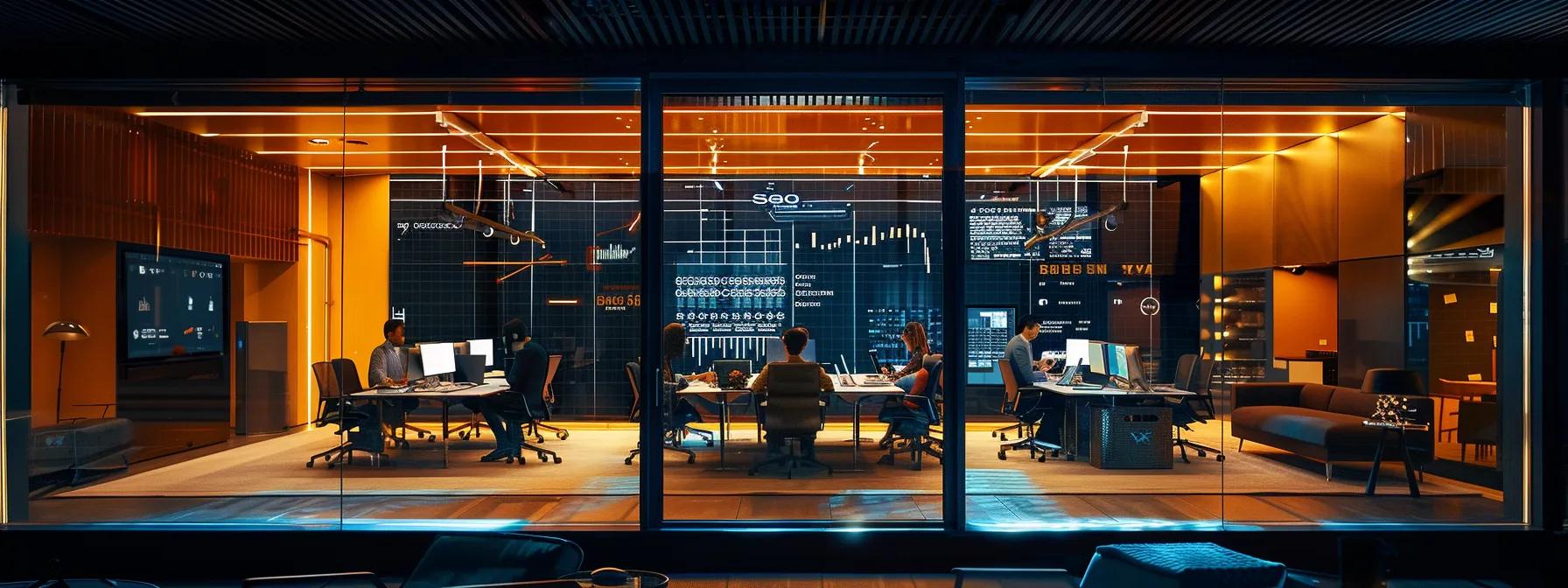 a modern office workspace brightly illuminated by artificial light features professionals collaborating over a digital marketing strategy displayed on a sleek laptop, surrounded by charts and data analytics on the walls, emphasizing a structured framework for a content cluster marketing campaign in the asphalt paving industry.